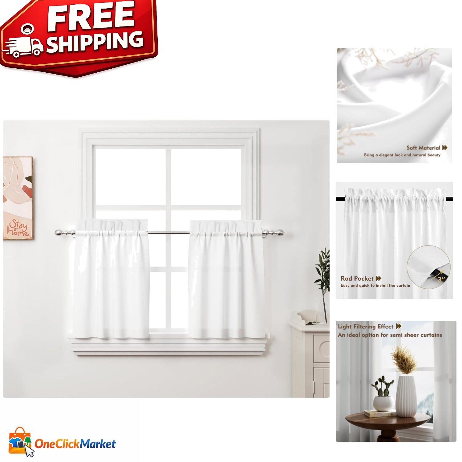2-Pack Lined White Kitchen Tier Curtains – Modern 24-Inch Light Filtering Panels