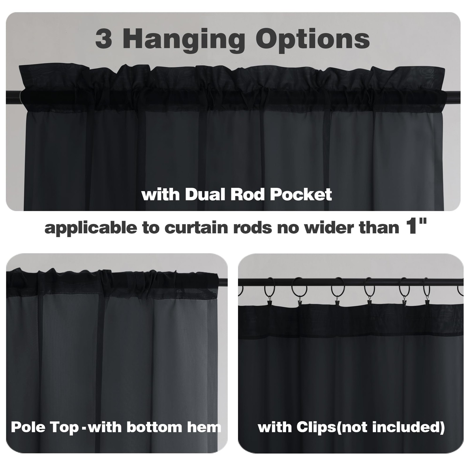 Black Sheer Valances for Windows 2 Pack, 42W x 14L Inches Small Window Curtains