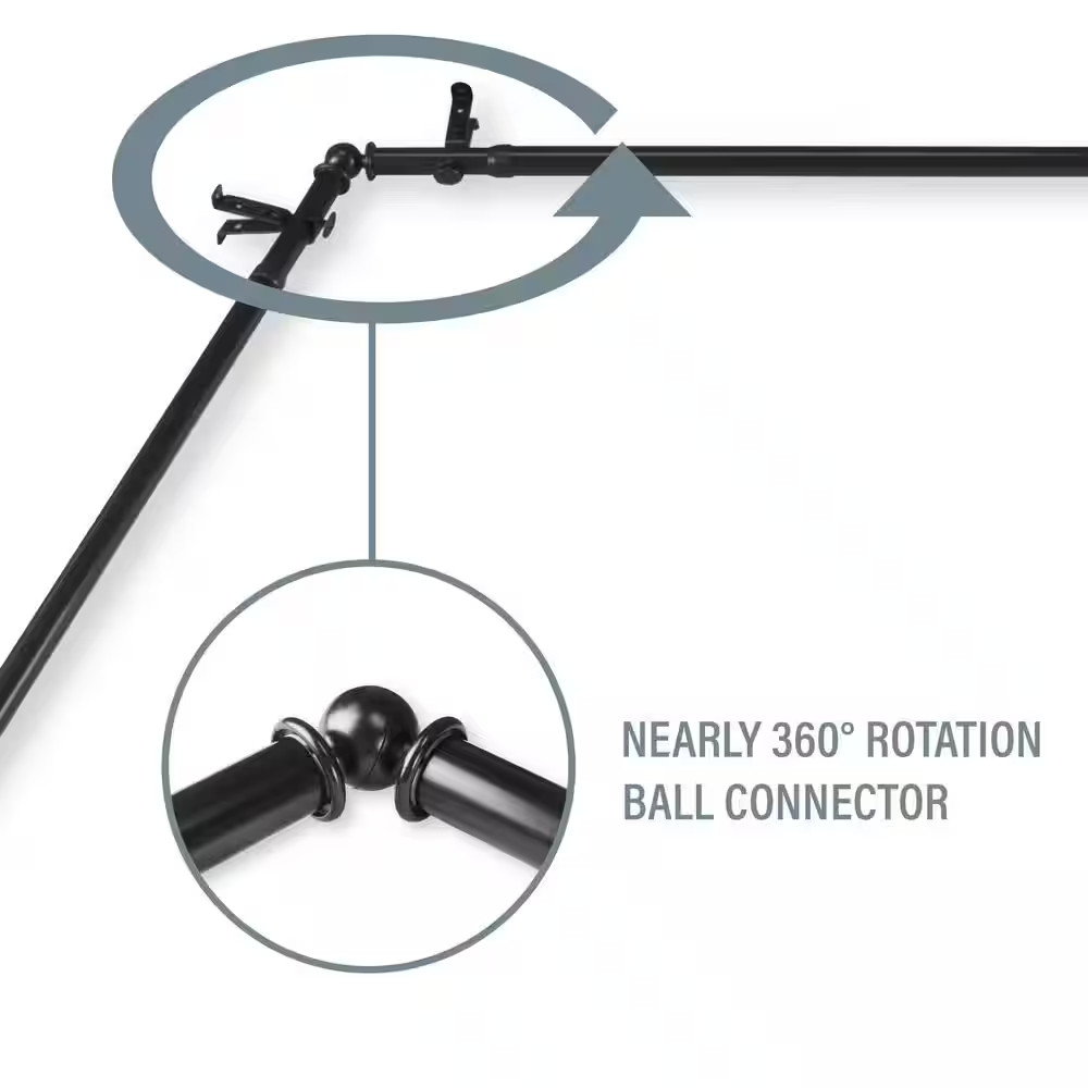 13/16″ Dia Adjustable 120″ to 170″ Double Corner Window Curtain Rod in Black wit