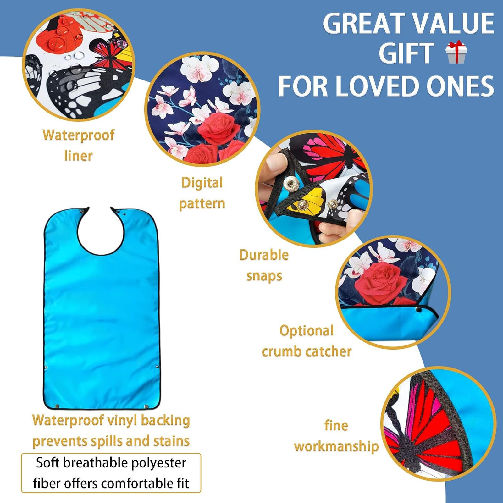 Adult Bibs 3 Pack Reusable Waterproof Dining Clothing Protector for Women with