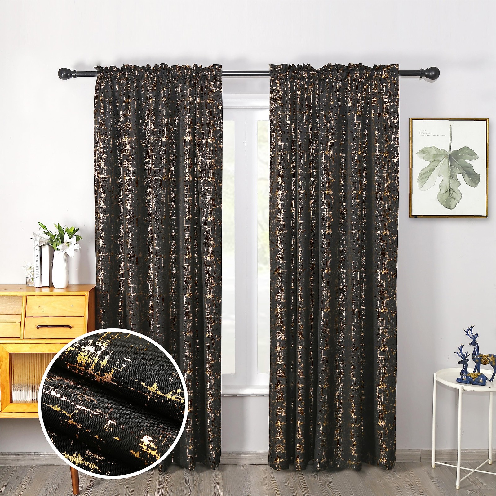 Gold Foil Print Linen Textured Curtains Geometric Dots Pattern Design Curtain…