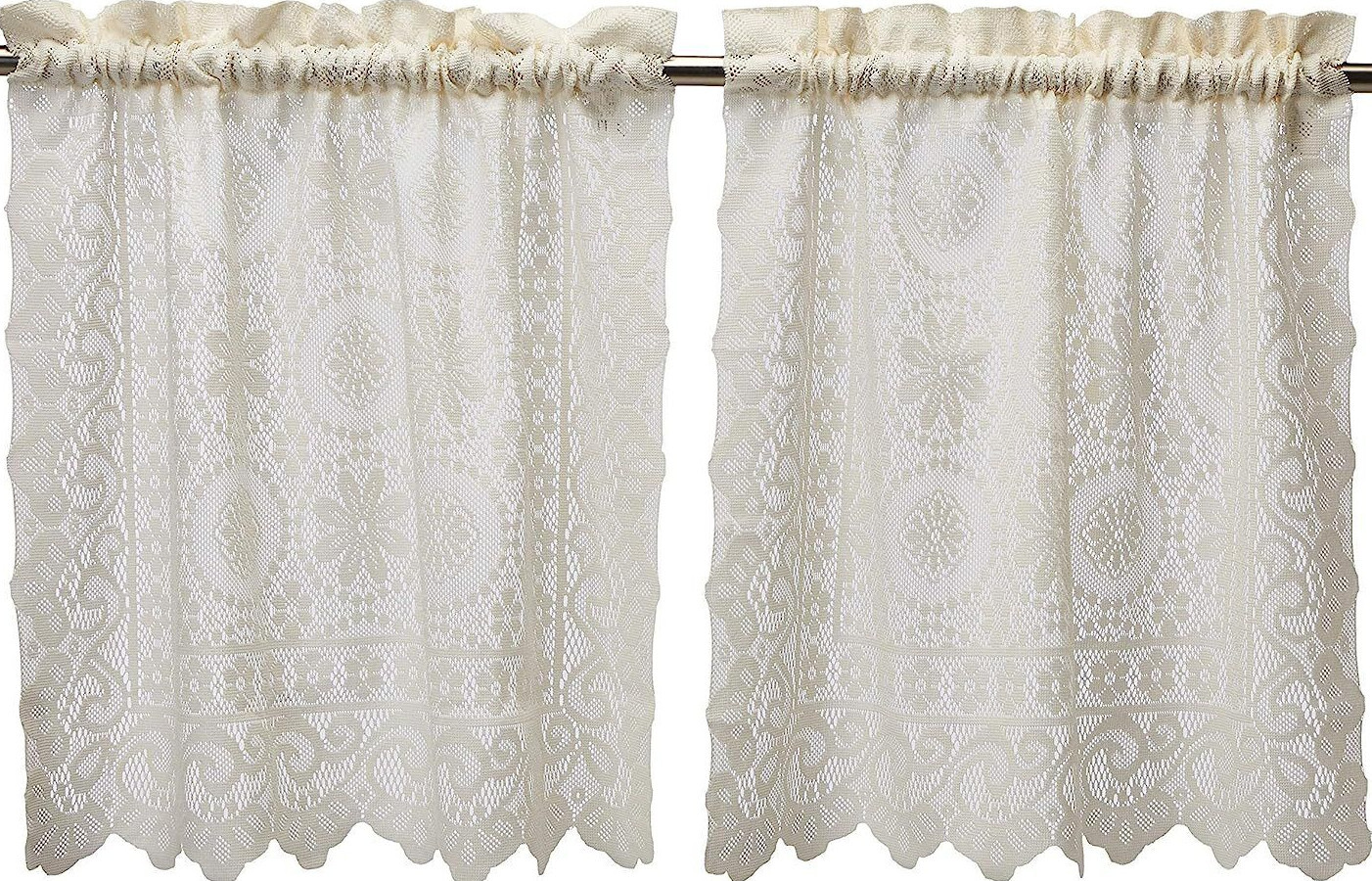 Hopewell Heavy Floral Lace White Lace Medallion Curtain Tiers or Valance