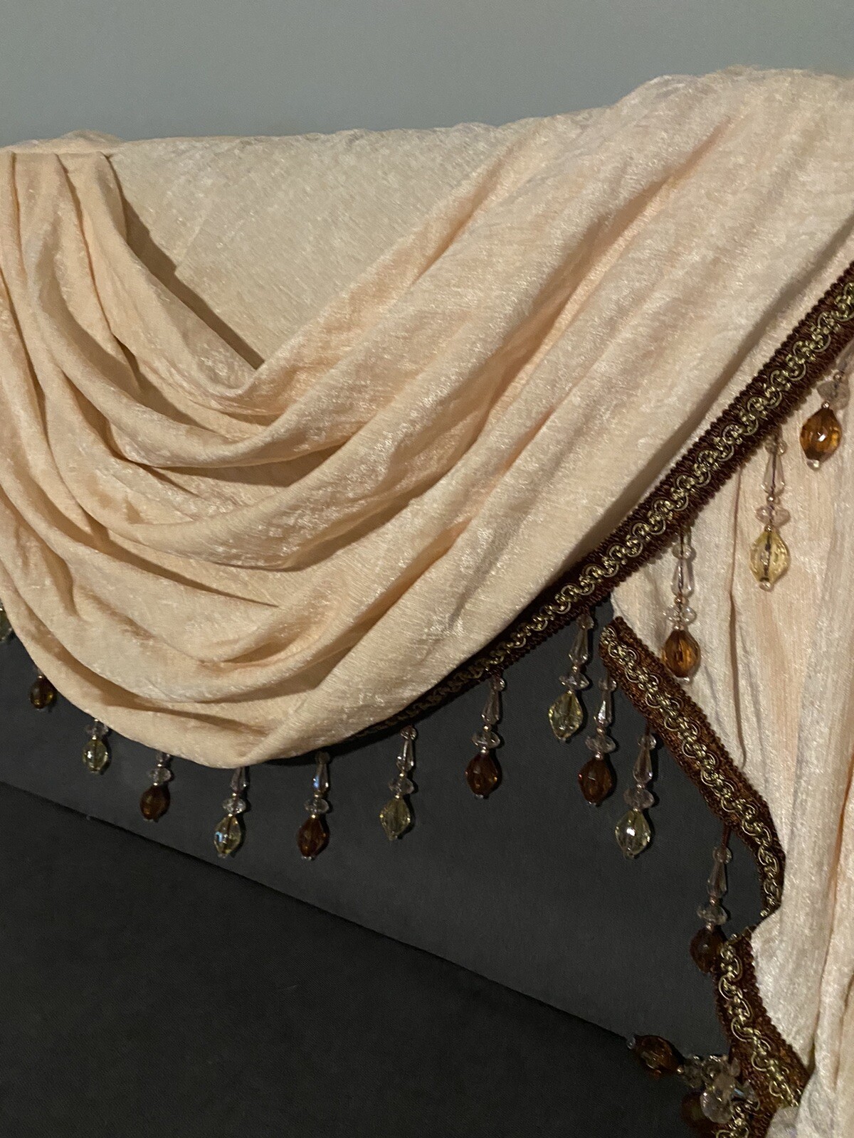 Elkca Beaded Chenille Waterfall Valance, Beige, 2 Swag, 59”