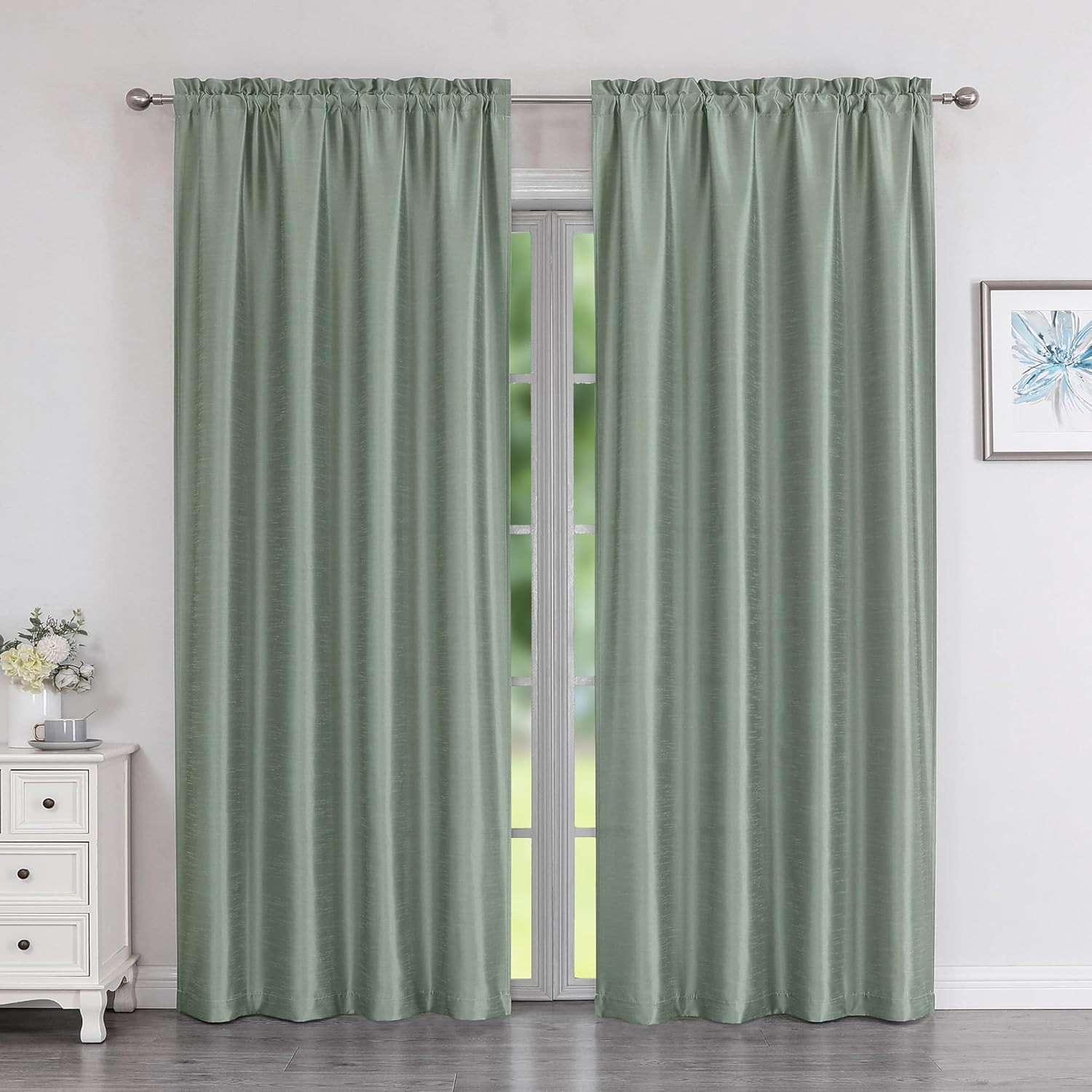 Uptown Faux Silk Light Sage Green Curtains 84 Inch Length 2 Panels Set, Light Fi