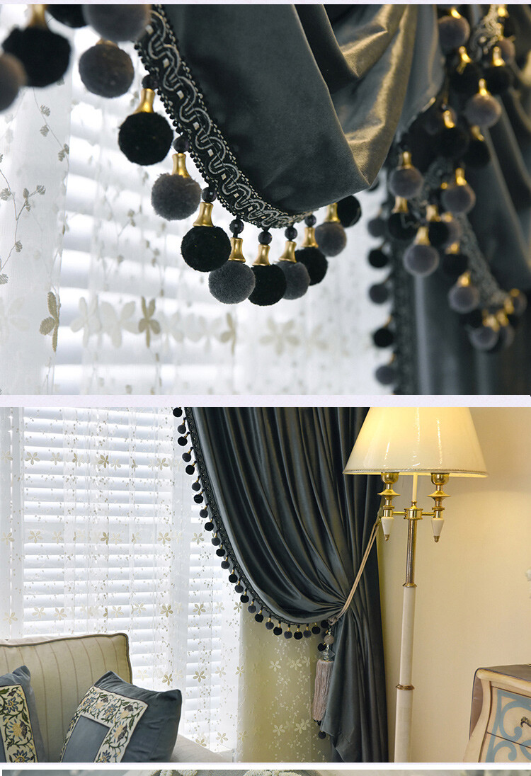 European luxury velvet thick dark grey solid cloth curtain valance sheer E789