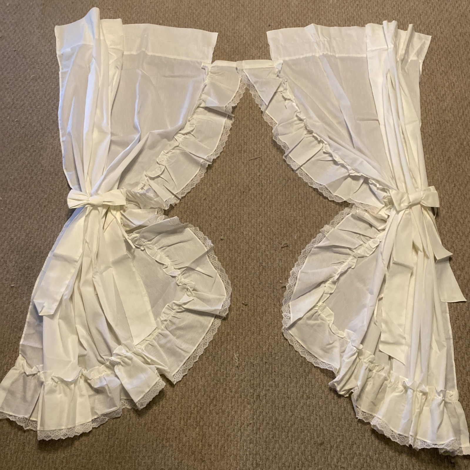 Pair Ivory Ruffled Curtains With Tie Back Bows Lace Trim 65″ Long Beautiful!