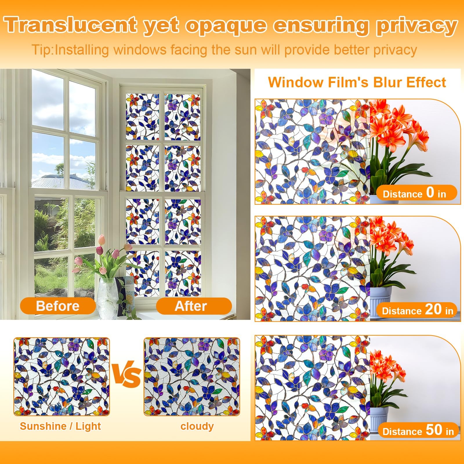 Colored Glass Film Privacy Rainbow Leaf Pattern 17.5 x 78.7 Inch Removable