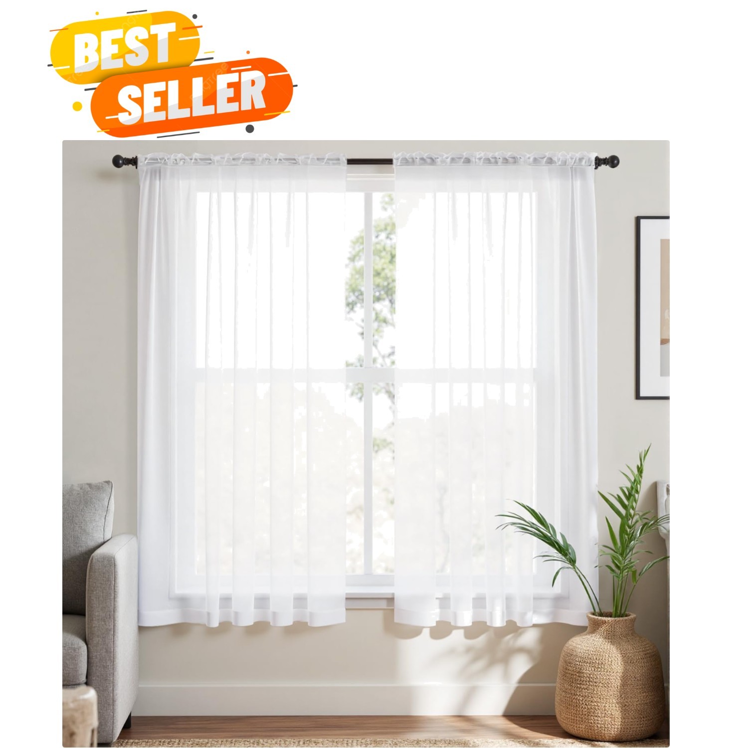 Contemporary Light Filtering White Sheer Curtains with Rod Pocket – 2 Panels