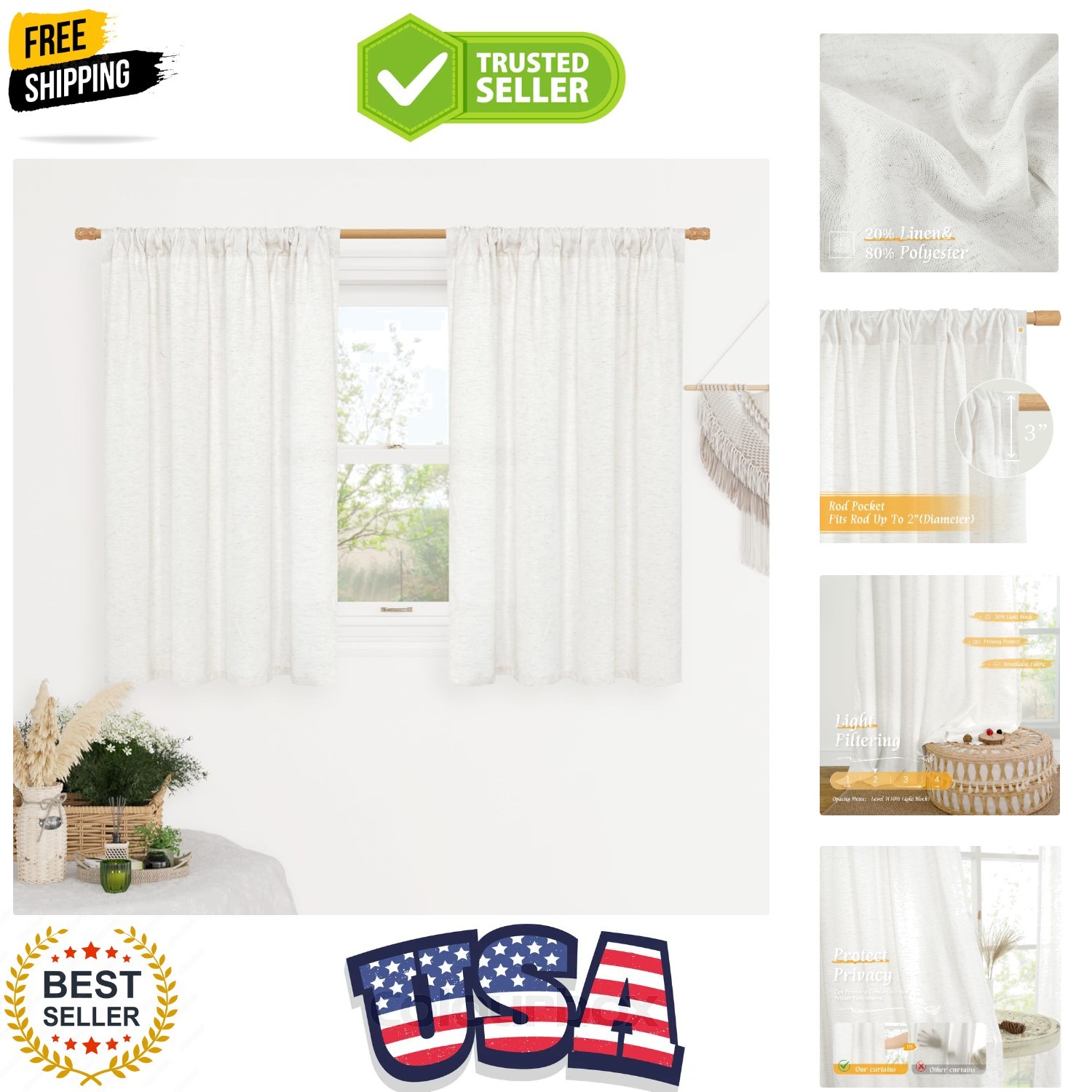Ivory White Linen Curtains 45 Inches Long for Bedroom, Soft Privacy Faux Line…