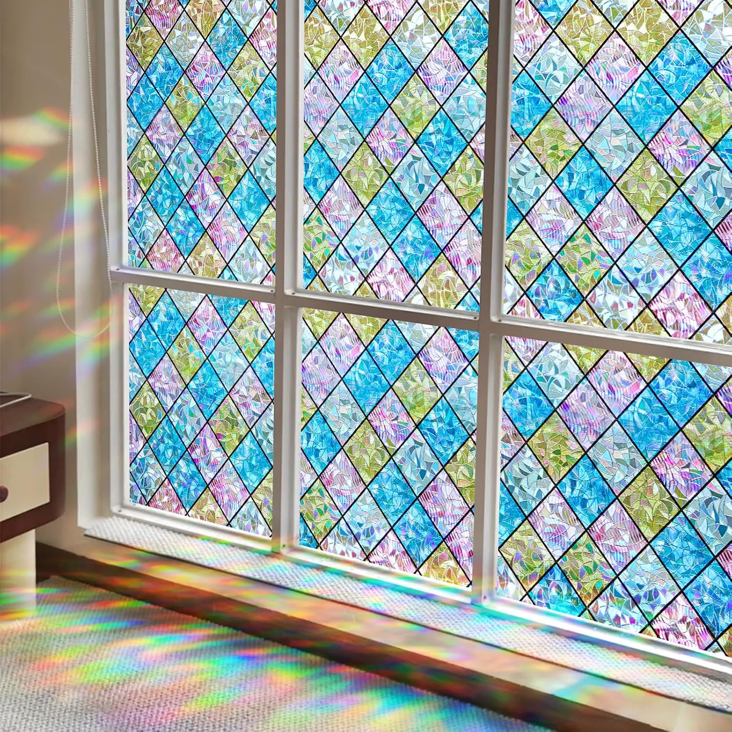 Window Privacy Film Stained Glass, Static Cling Decorative Rainbow Window Cling,
