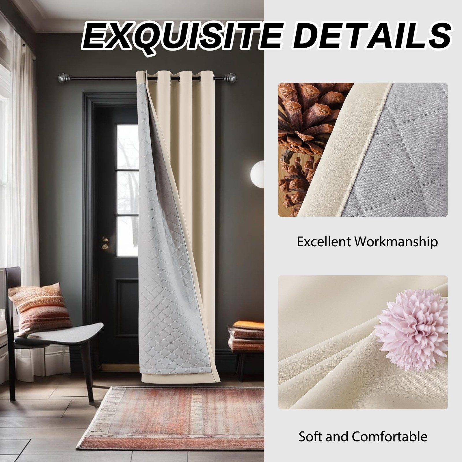 Oyring Soundproof Curtains 3-In-1 Beige Blackout Curtains 108 Inches Long For