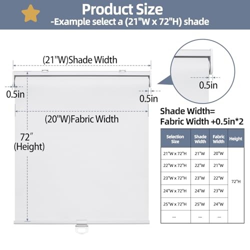 SHADEMOON Cordless Blackout Window Roller Shades, Pull Down 14″W x 72″H White
