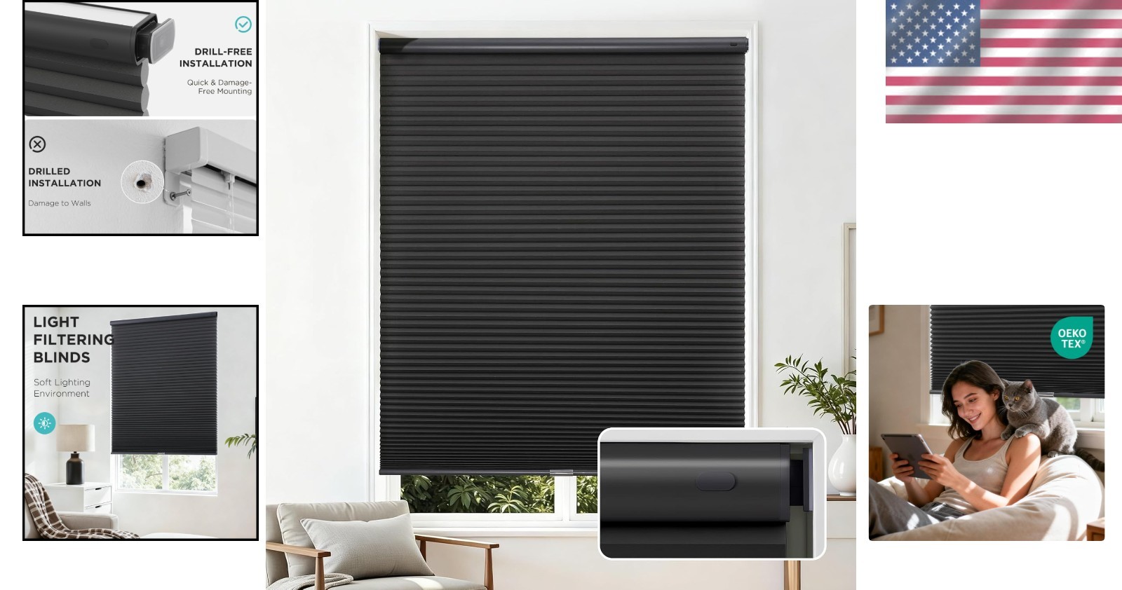 Thermal Insulating Honeycomb Blinds – 35” W x 64” H, No Drill & Noise Reducing