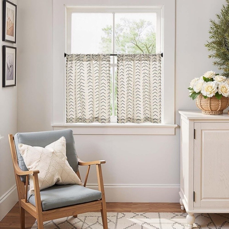 Boho Herringbone Kitchen Curtains Light Filtering Privacy Panels Linen Blend New