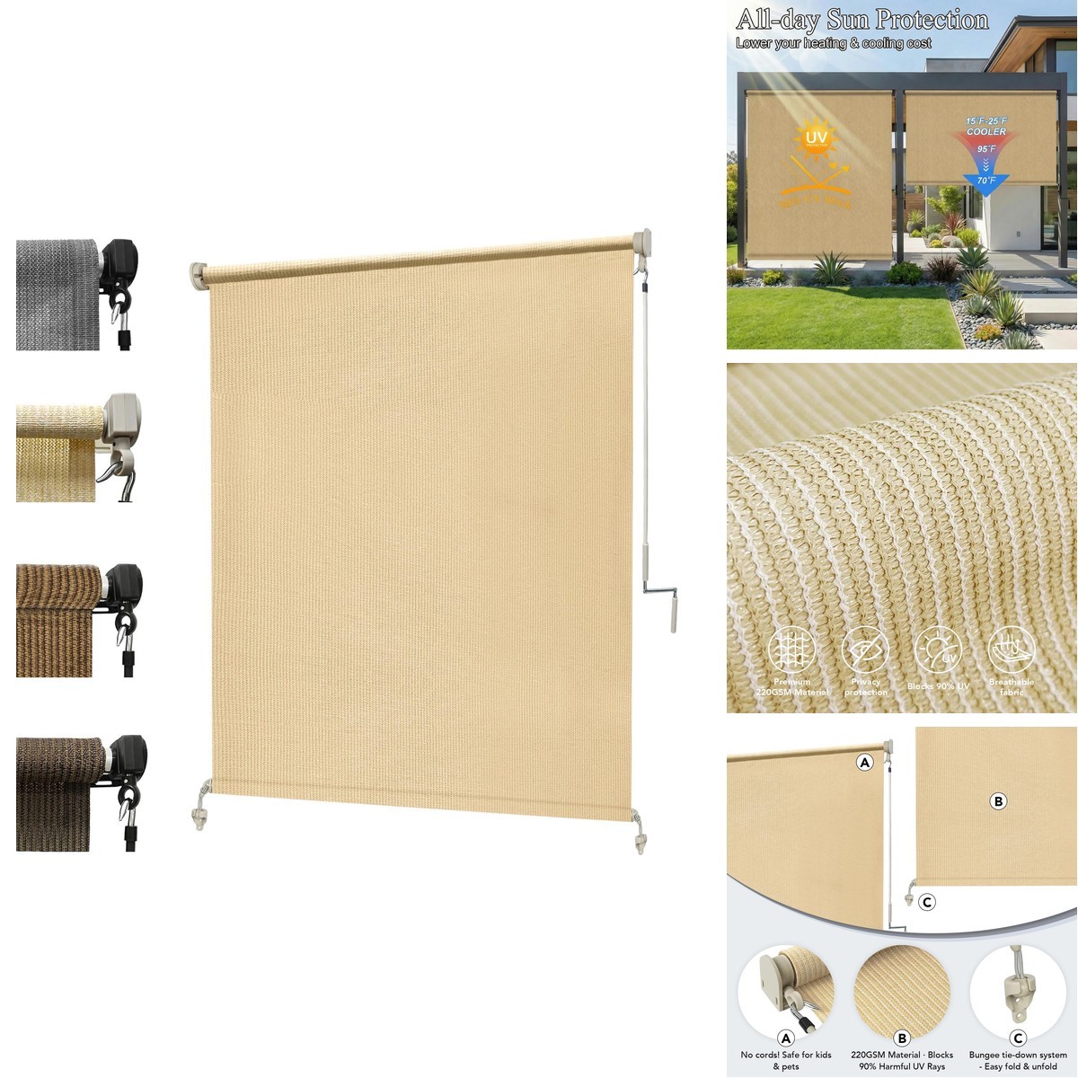 KANAGAWA 8′(W) x6′(H) Sesame Outdoor Roller Shade – Cordless Exterior Roll Up