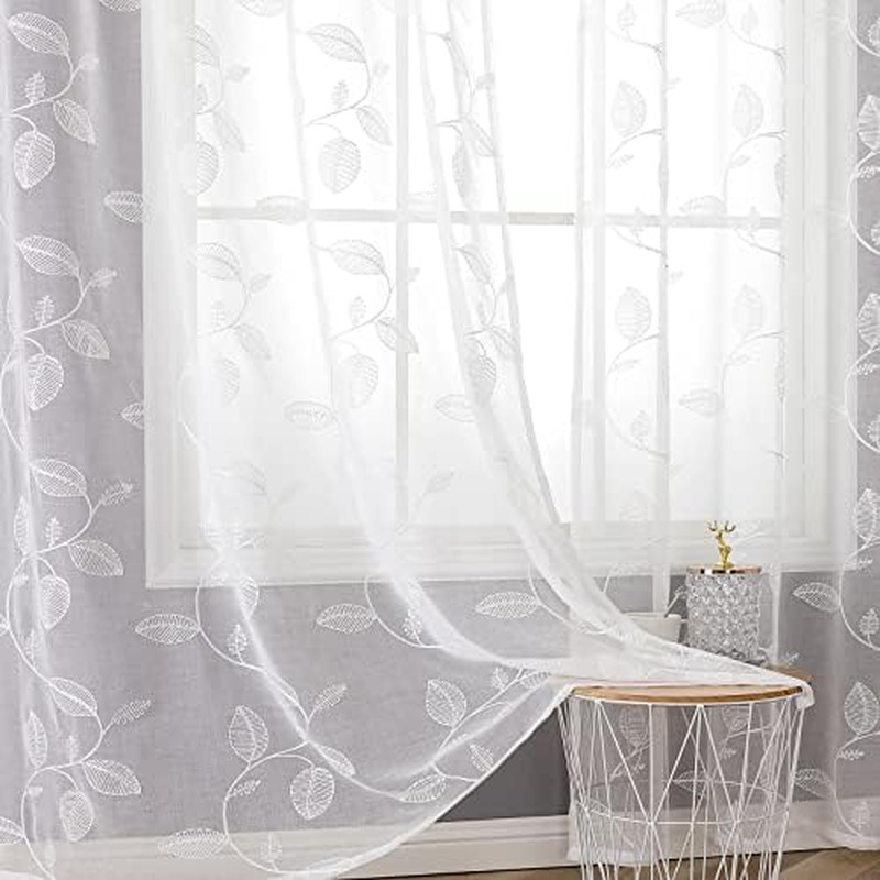 White Sheer Curtains 84 Inches Long 2 Panels – Embroidered Leaf Pattern Semi She