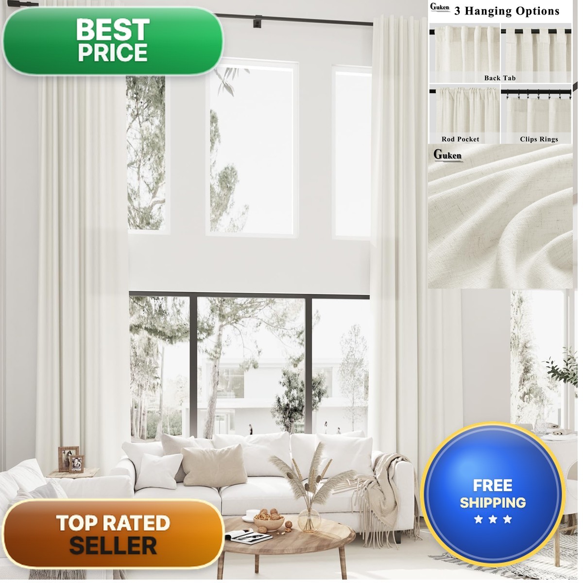 Guken Natural Linen Extra Long Curtains 204 Inches Long High Living Room Back