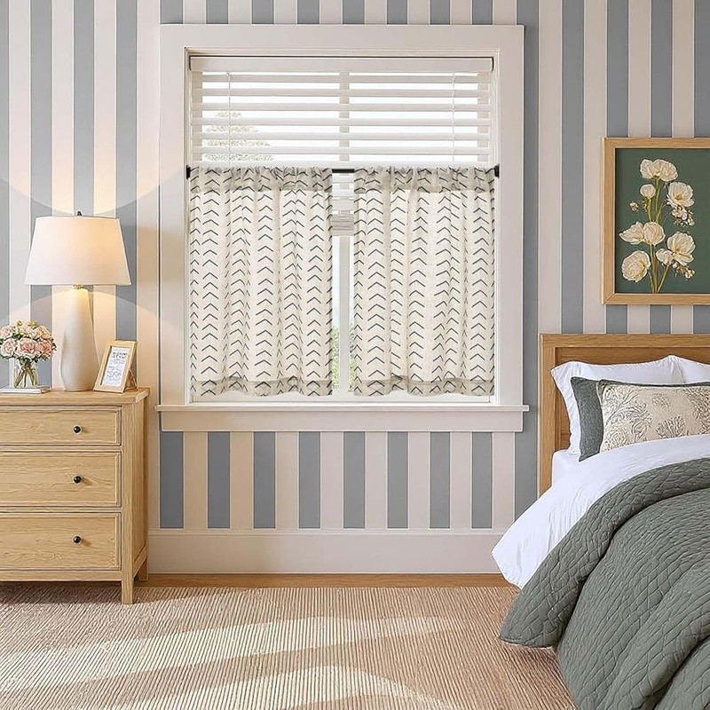 Boho Herringbone Kitchen Curtains Light Filtering Privacy Panels Linen Blend New