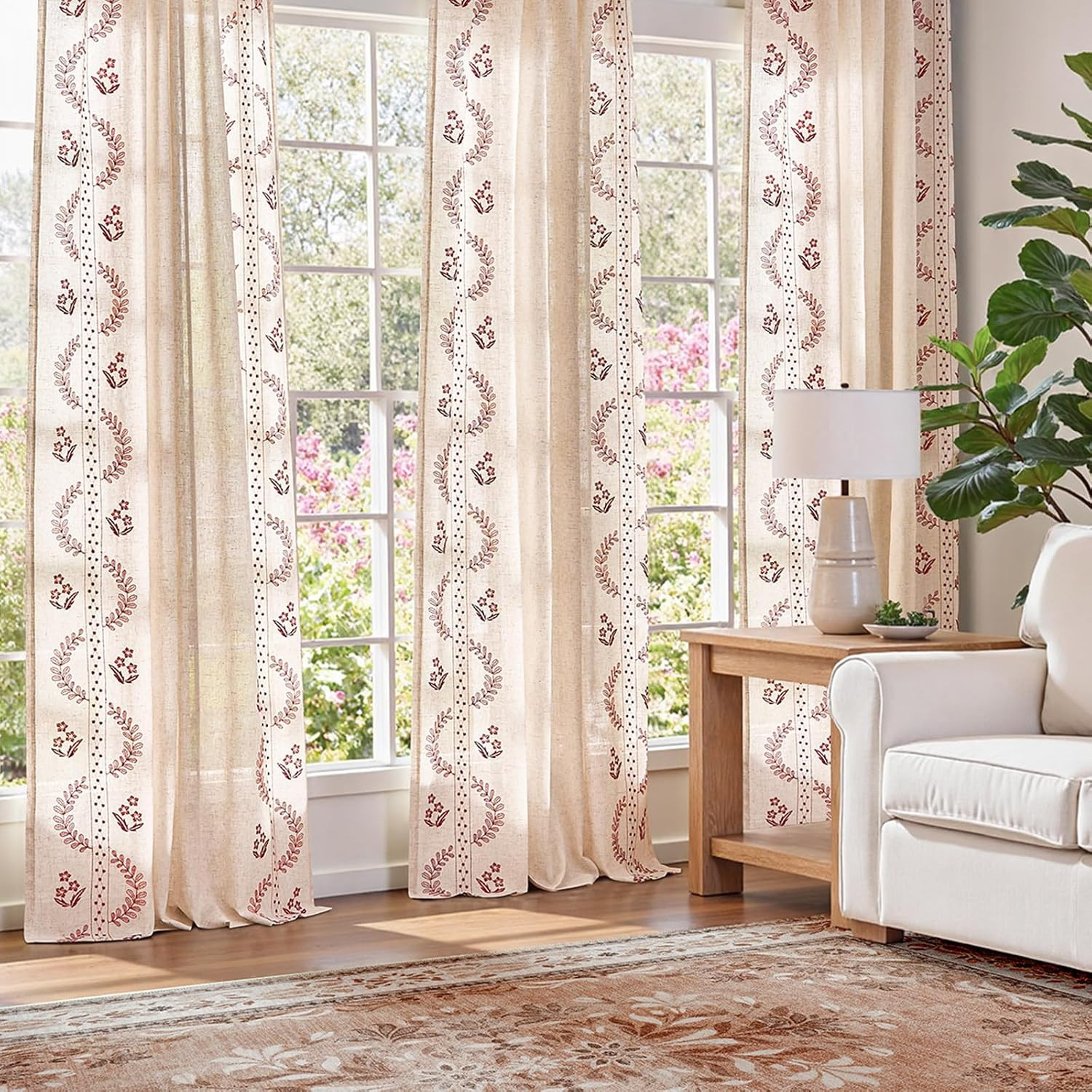 jinchan Belrose Linen Curtains for Bedroom Floral Curtains 63 Inch Length Linen