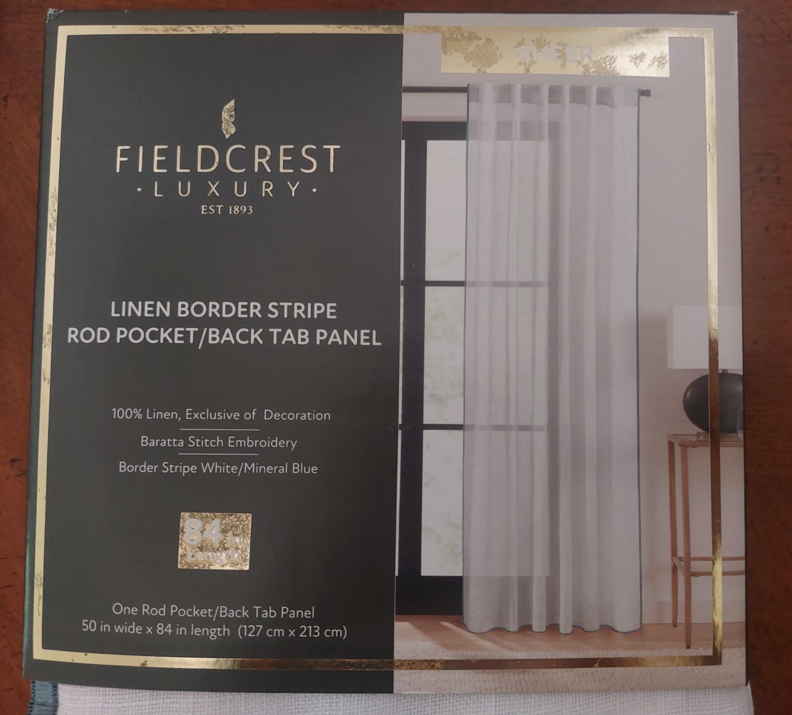 Four Fieldcrest Luxury Linen Border Stripe White/Blue Panels 84″x50″ *NEW*