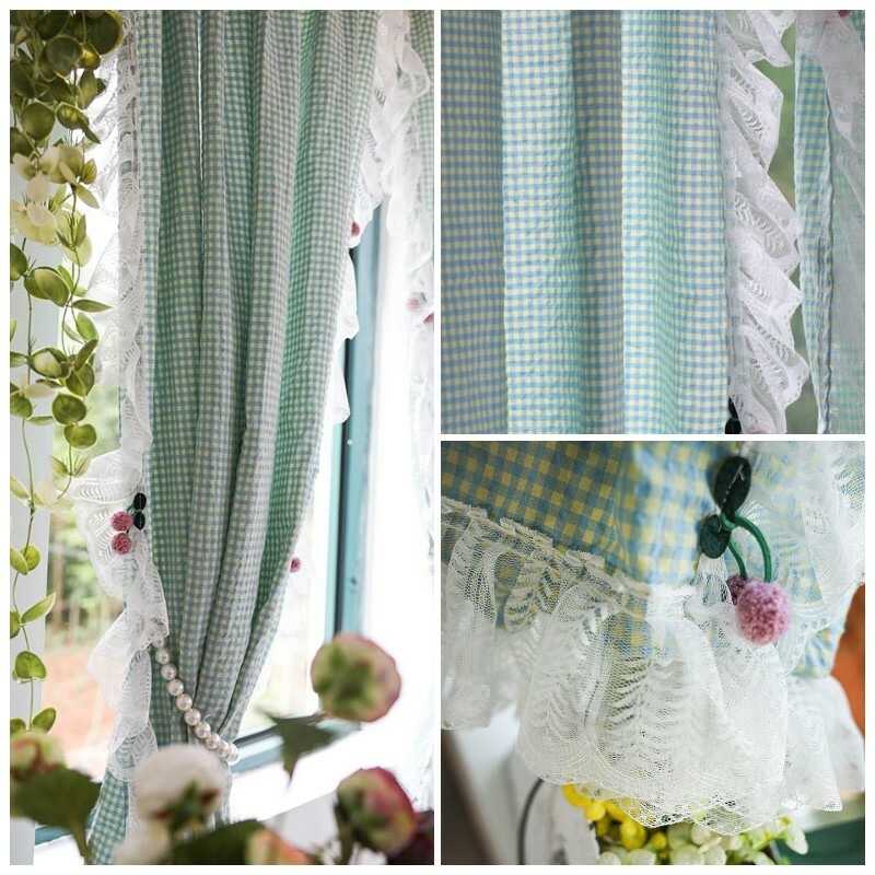 1 Panel Lace Checked Curtains Balcony Short Curtain Rod Pocket Light Filtering
