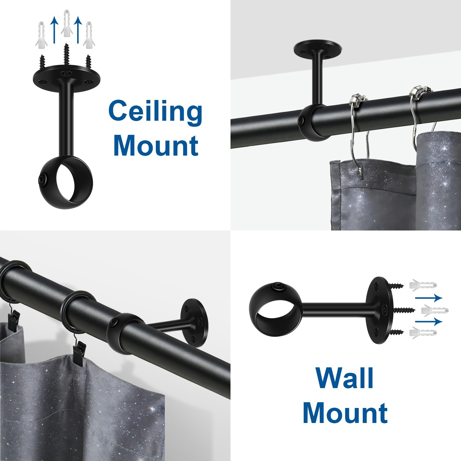 TOKPLNU Black Ceiling Curtain Rod Brackets 4 Pack for 1 1/4-Inch Poles