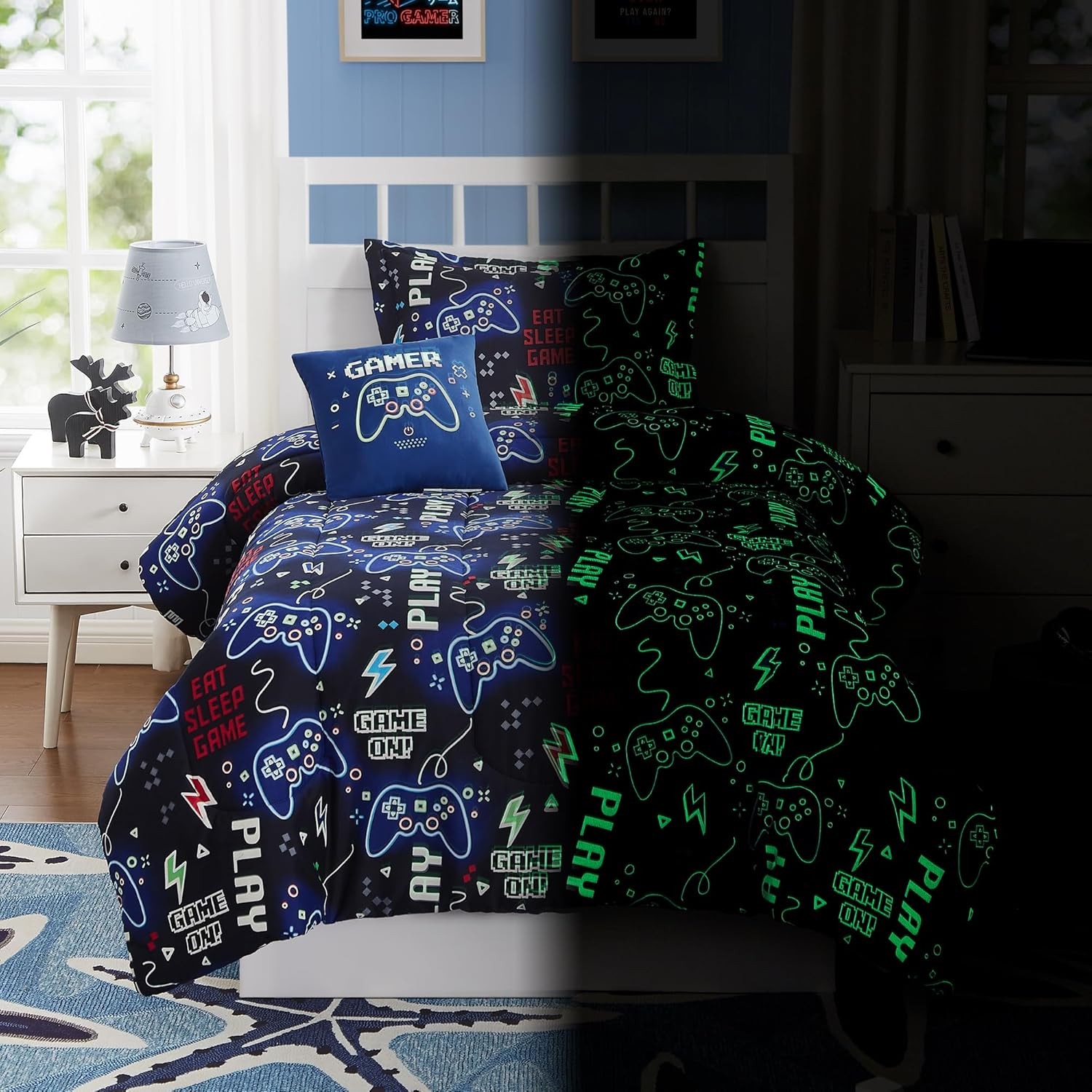 Kids Comforter Set Full Size for Boys, Glow in The Dark Gamer Full,