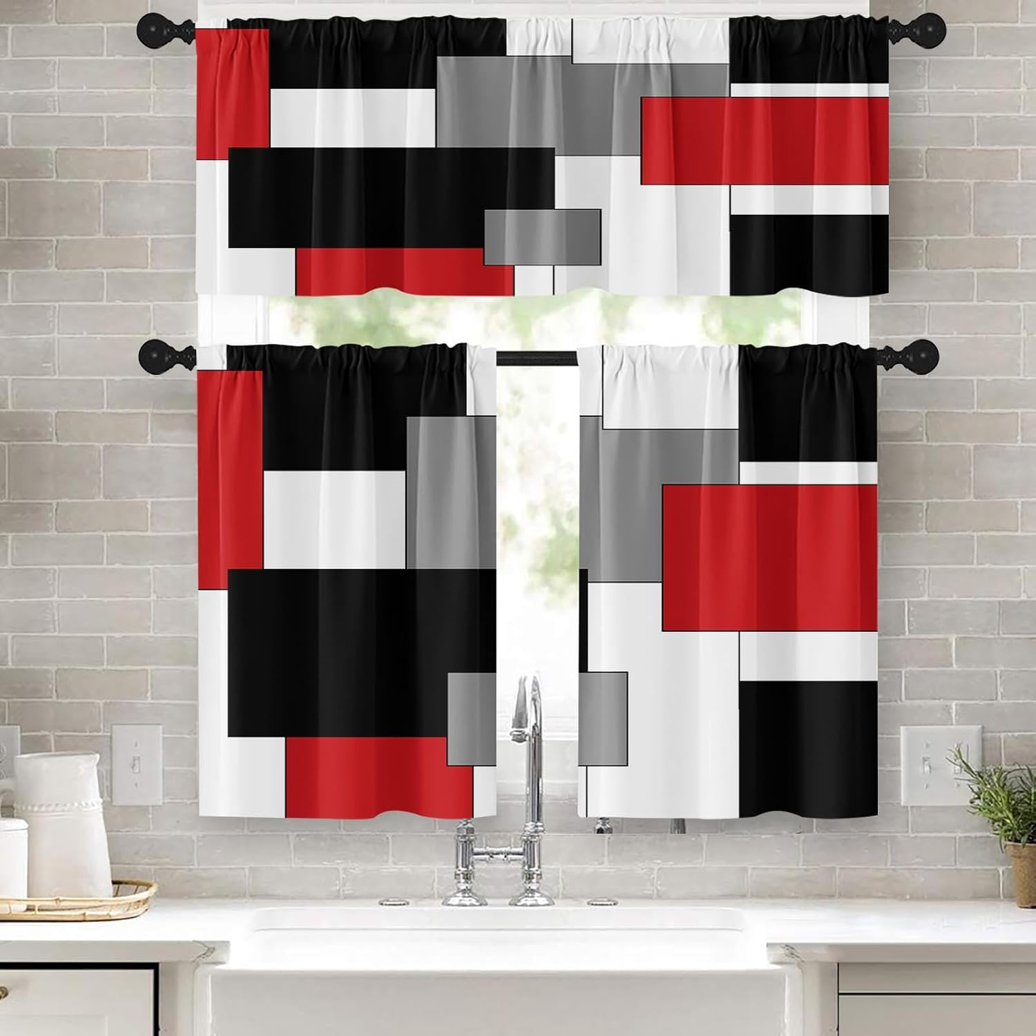Black White Gray Kitchen Window Curtains Valance and Tier Set 36 Inch, Dark Grey