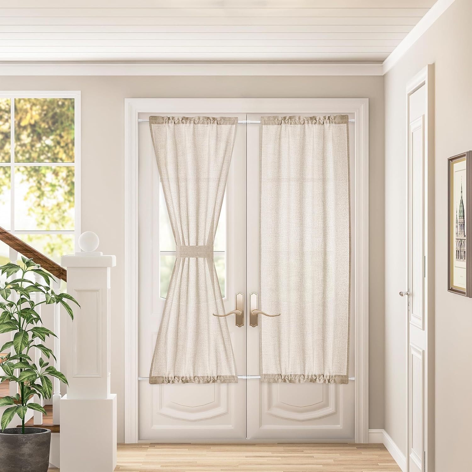 2 Pieces French Door Curtains Linen W35 x L72 Dual Rod Pocket Light Coffee Semi