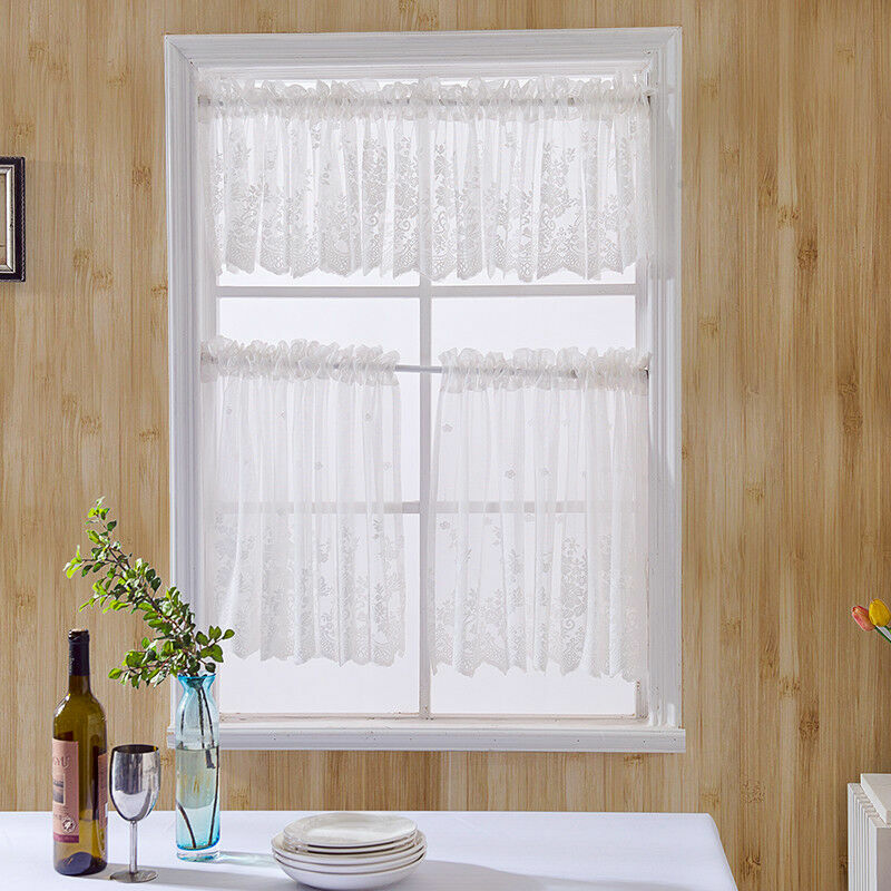 Embroidery Lace Short Curtain Semi-sheer Solid Floral Home Cafe Cabinet Valance