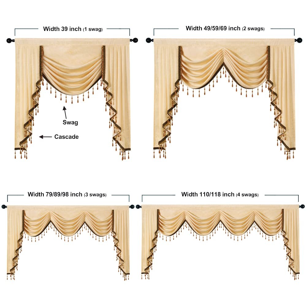 Elkca Jacquard Waterfall Valance Luxury Beads Beige Window Curtains Valance For