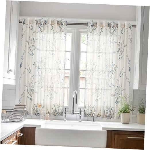 Linen Sheer Window Floral Curtains 50″W x 54″L (Pack of 2) Floral/Navy Blue