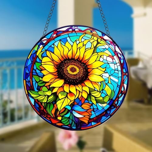 Sunflower Stained Glass Window Hanging, Round Yellow Floral Design for