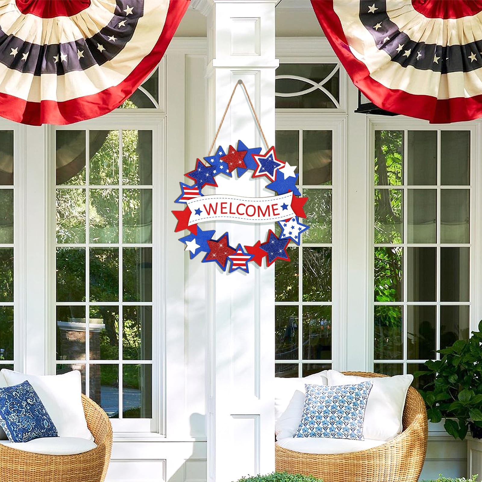 Wooden 4th of July Decoration Door Wreath for Front Door Sign Star Wall Signs, Q
