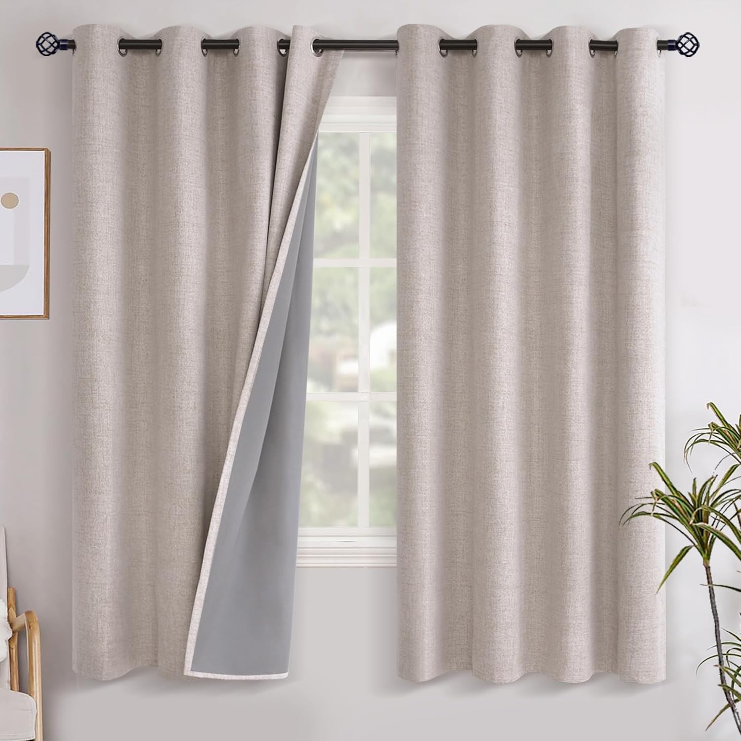 Linen Blackout Curtains 68 Inches Long for Bedroom, Full Light Blocking Window
