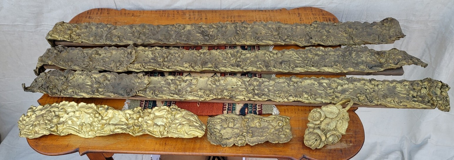 3 Antique Ornate Pressed Brass Gold Valances Acorns & Leaves 38″x3.5″ c.1850 Xtr