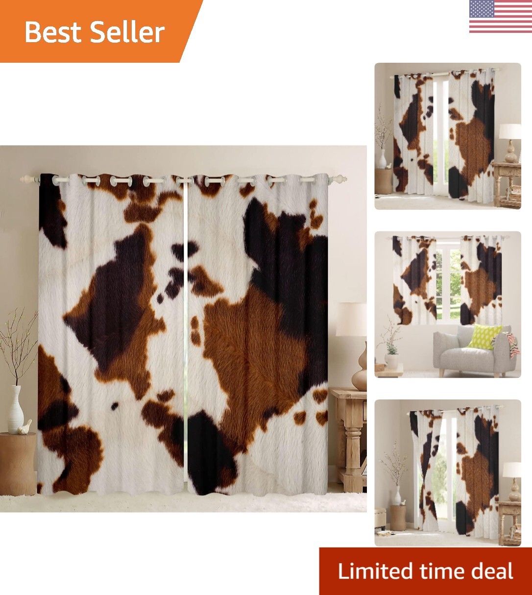 Cowhide Window Curtain Western Farm Animal Fur Window Drapes,Brown White Cow …
