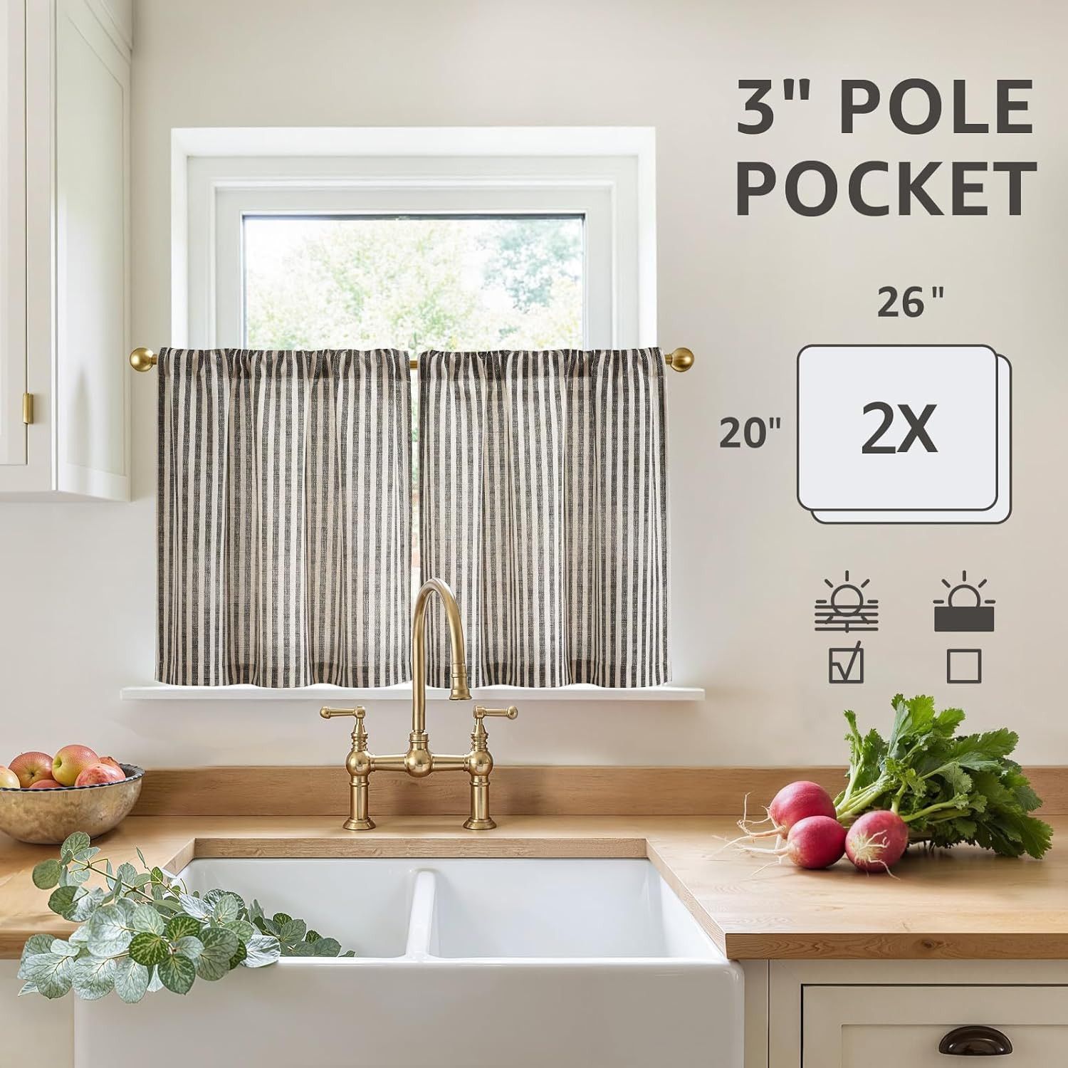 Striped Linen Kitchen Tier Curtains, 20 Inch, Jet Black, 2 Panels | Light-Filter