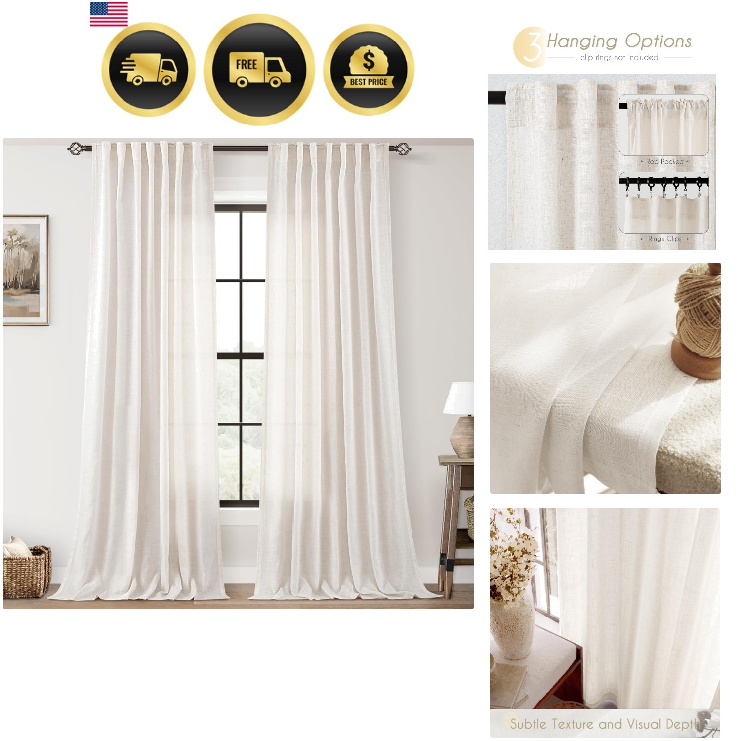 Natural Linen Curtain 92 inch Length 2 Panels Set Back Tab Light Filtering Li…