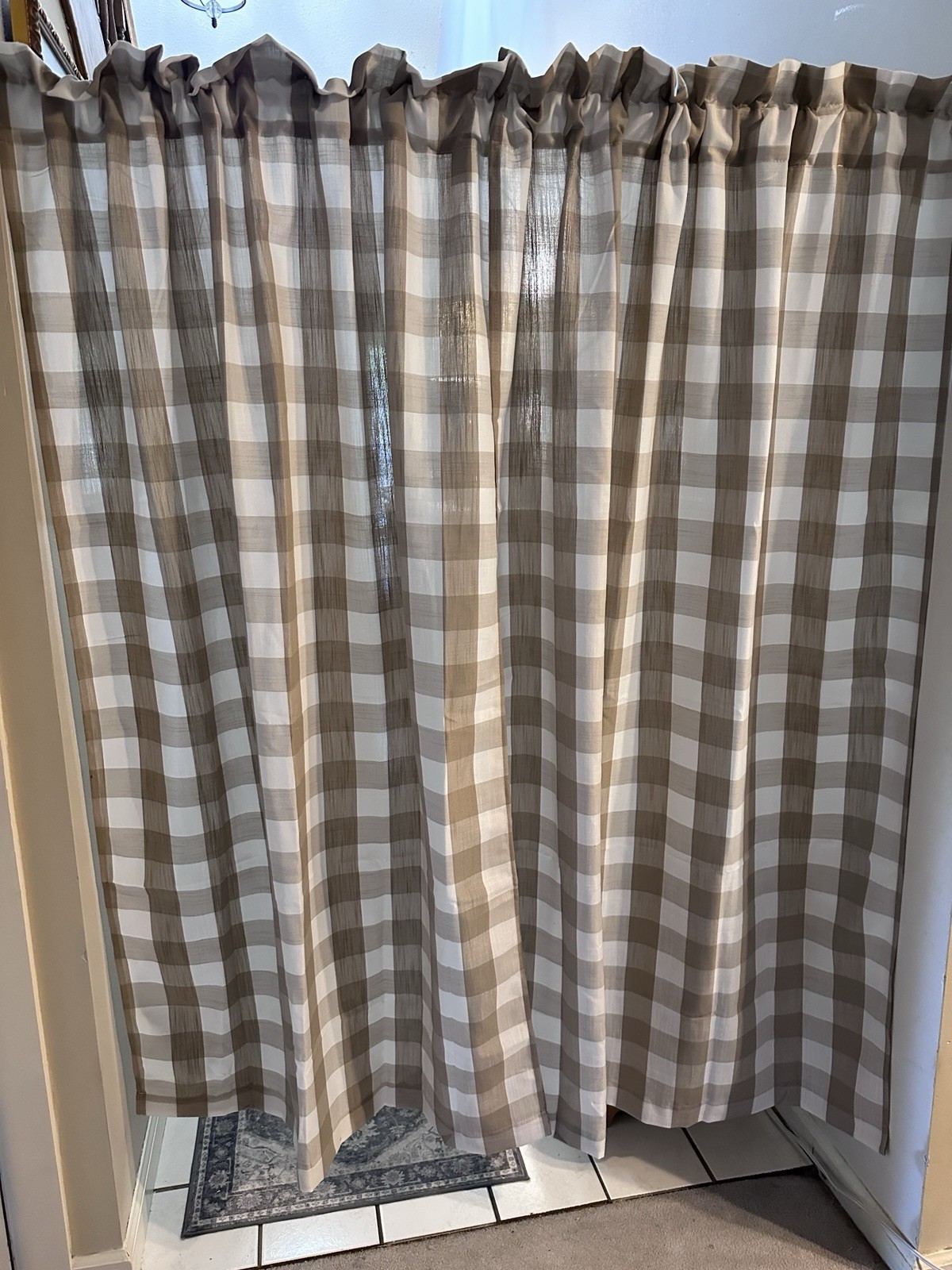 2 Buffalo Check Farmhouse Curtain Panels 40”x 63” Tan Beige White Rod Pocket