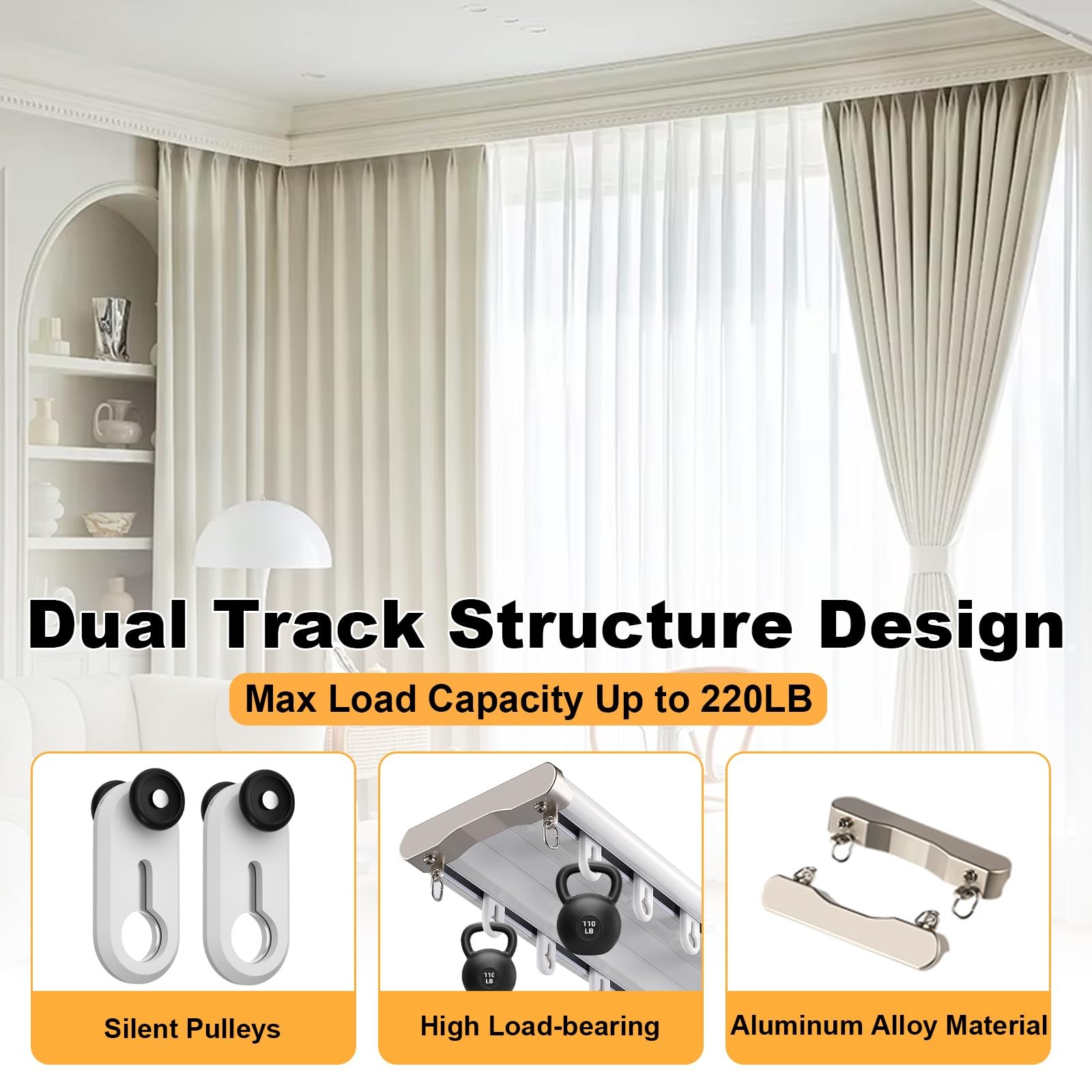 Double Curtain Track Ceiling Mount, Silent Aluminum Track Curtain Rail,