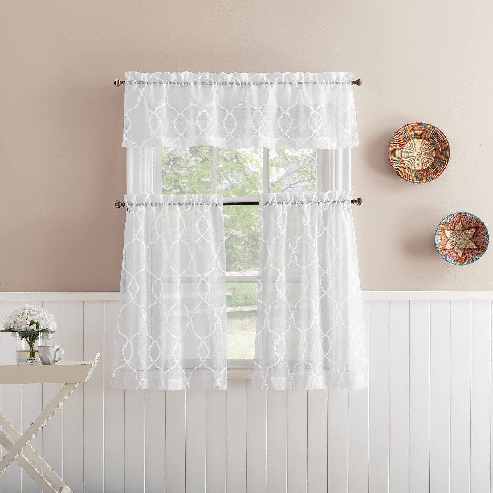 Allerton Embroidered Trellis Semi-Sheer Rod Pocket Kitchen Curtain Valance an…