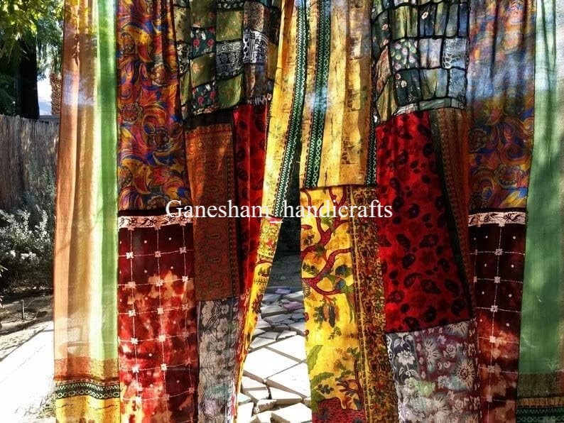 2 Pcs Indian Sari Patchwork Curtain Drape Window Decor Multi Silk Sari Curtain