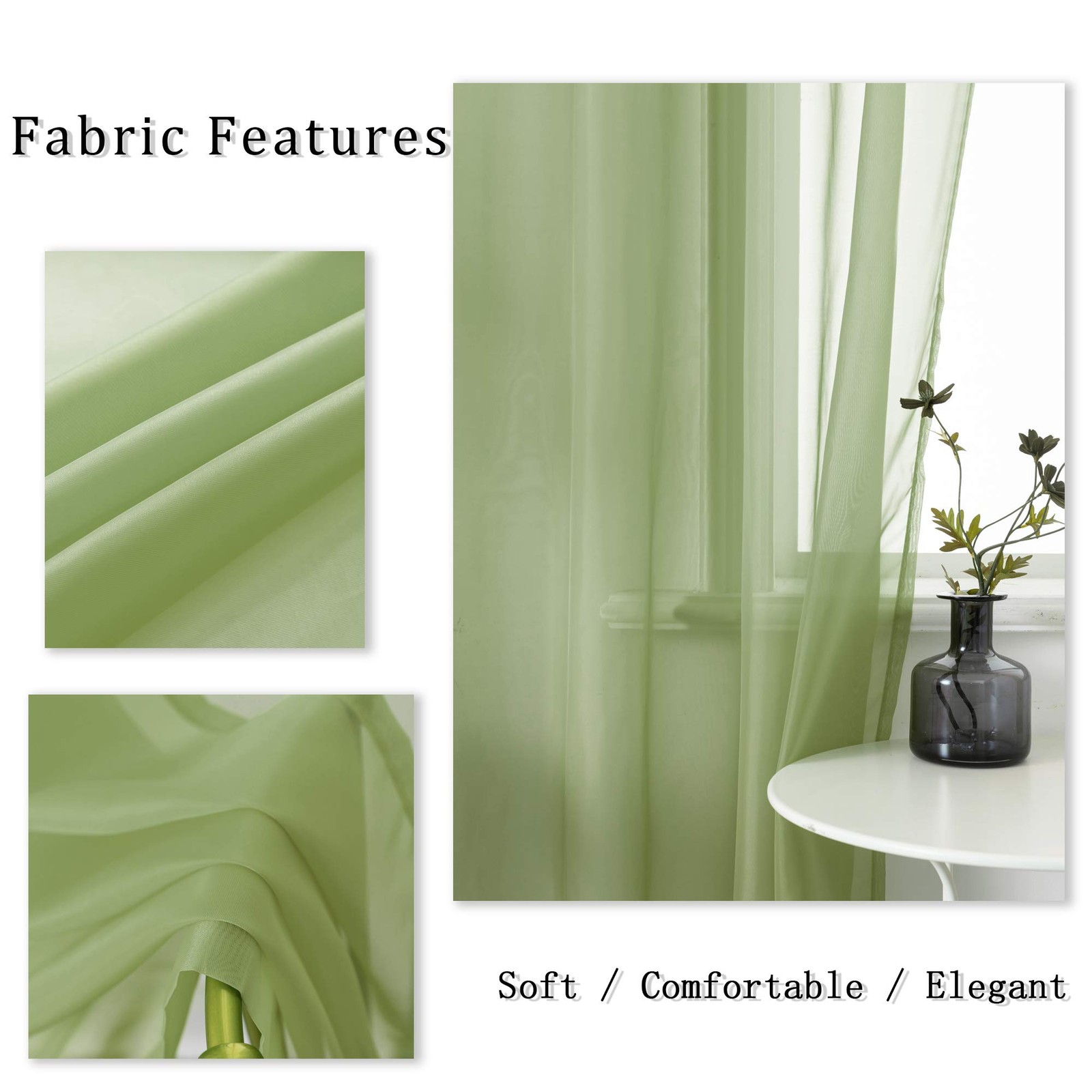 Sage Green Sheer Curtains 96 Inch Length for Living Room 2 Panels Set Grommet…