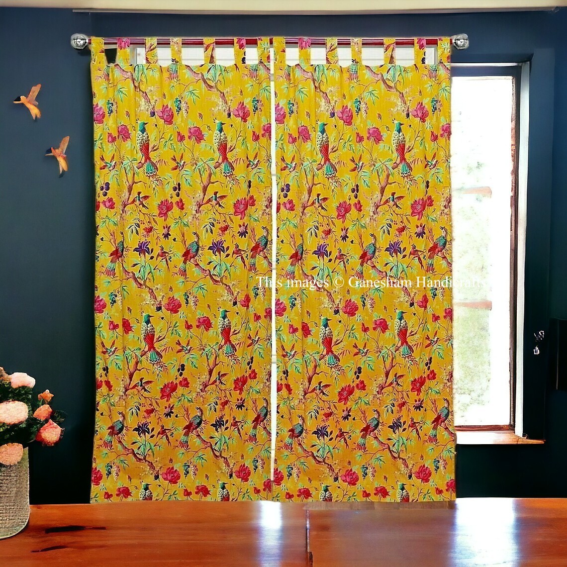 2 Piece Indian Vintage Cotton Bird Print Boho Drapes Window Decor Yellow Curtain
