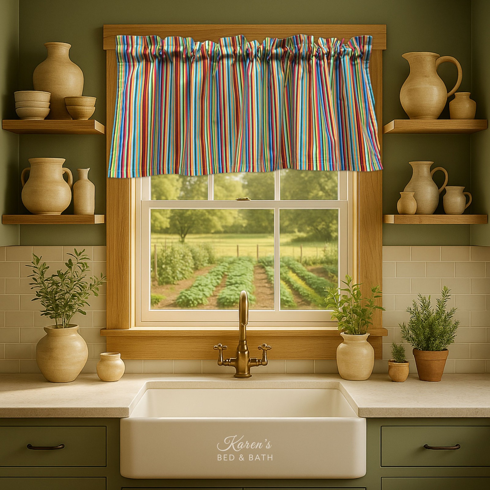 Handmade Multicolor Rainbow Stripe Kitchen Valance Rod Pocket Header Cotton USA