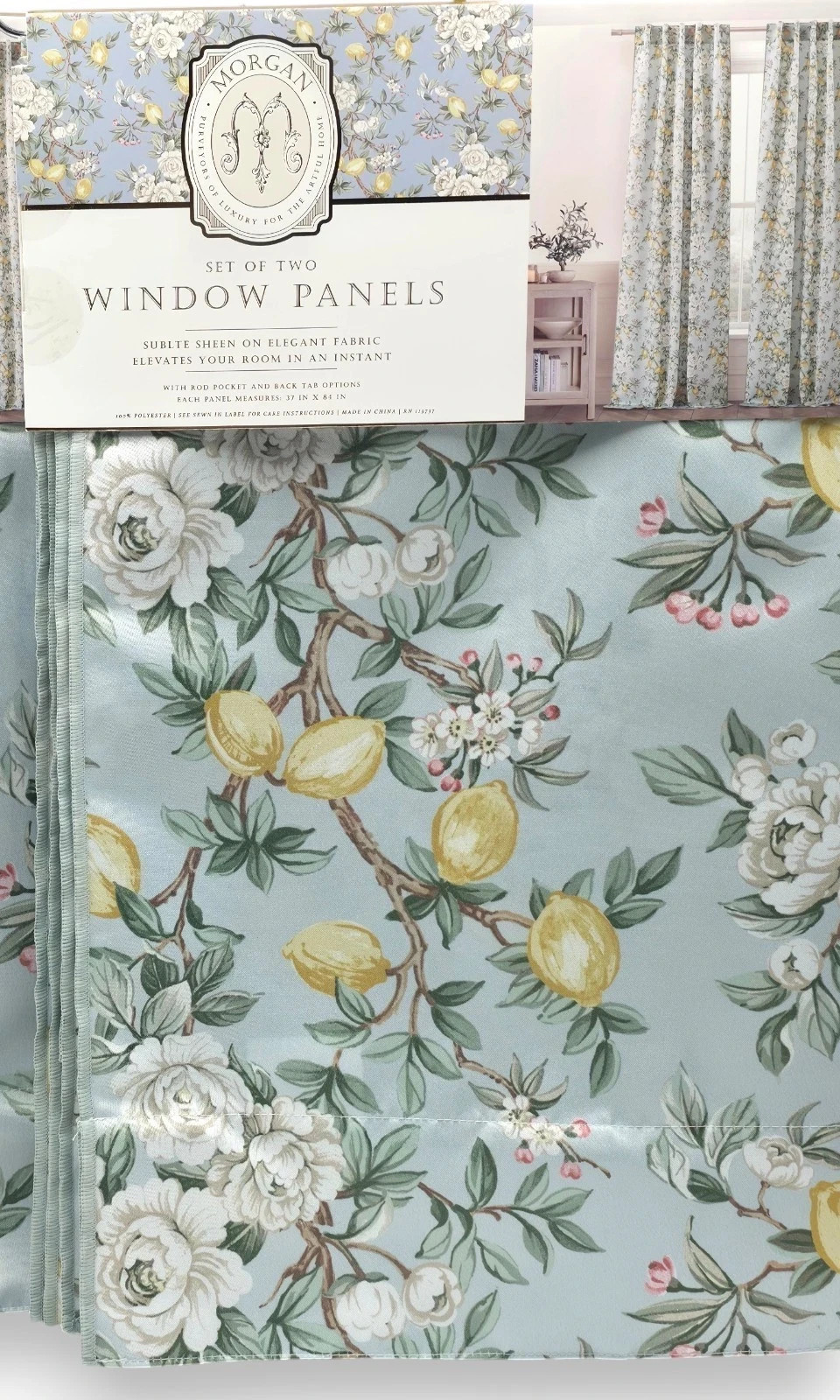 Lemon Floral Cottage Set of 2 Curtains Blue Botanical Farmhouse 37 x 84″ New