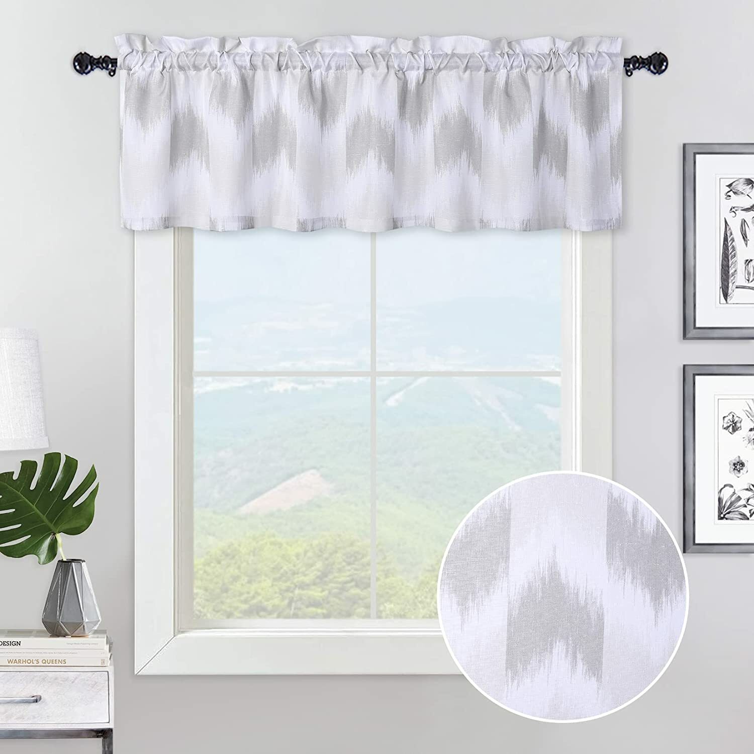 Khaki Cafe Geometric Rod Pocket Window Curtain Valance, Modern 52″ x 15″in – NEW