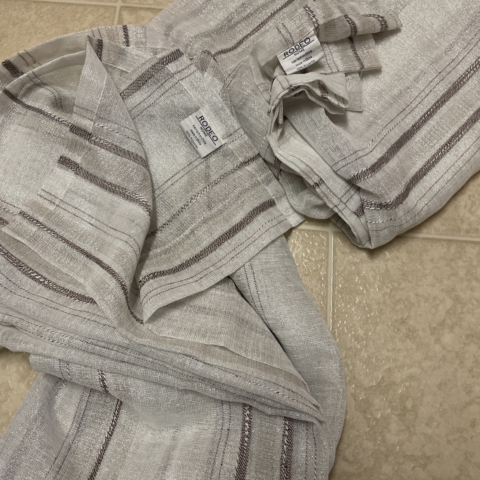 Linen-Look Striped Curtains Panel Set- White Sheer 54″x96″ Rodeo Home.EUC.