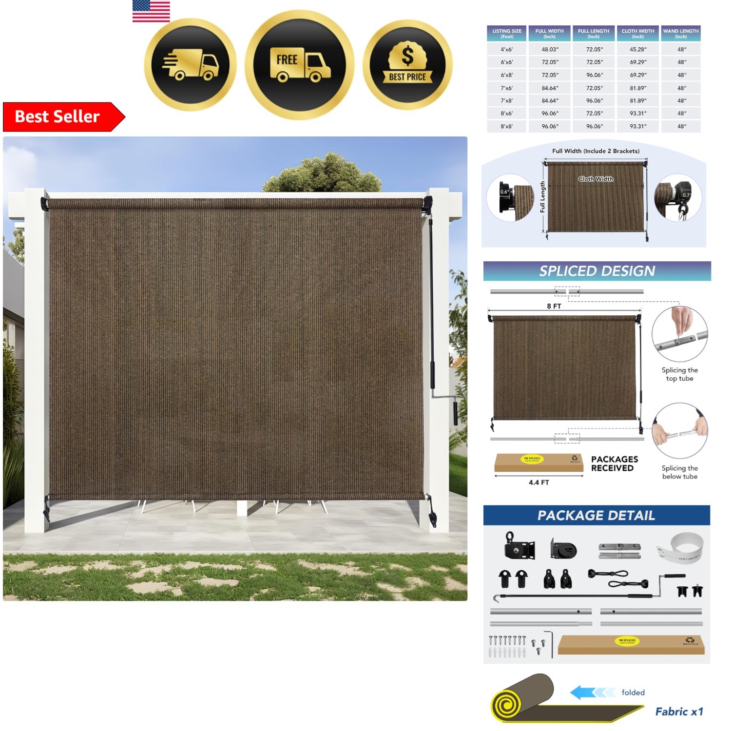 Outdoor Roller Shade Sun Blocker UV Protection Patio Porch Gazebo Mocha 8ft